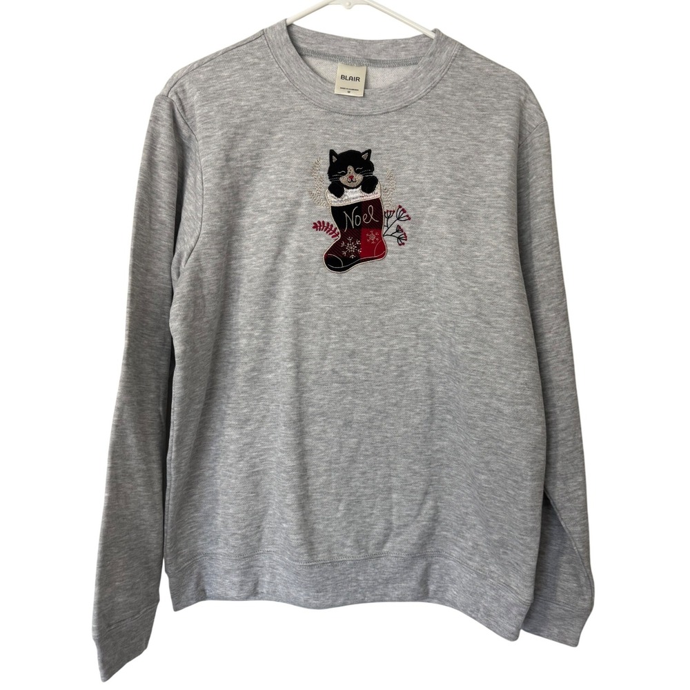 Blair Women's Gray Christmas‎ Cat in Stocking Pullover Sweatshirt
